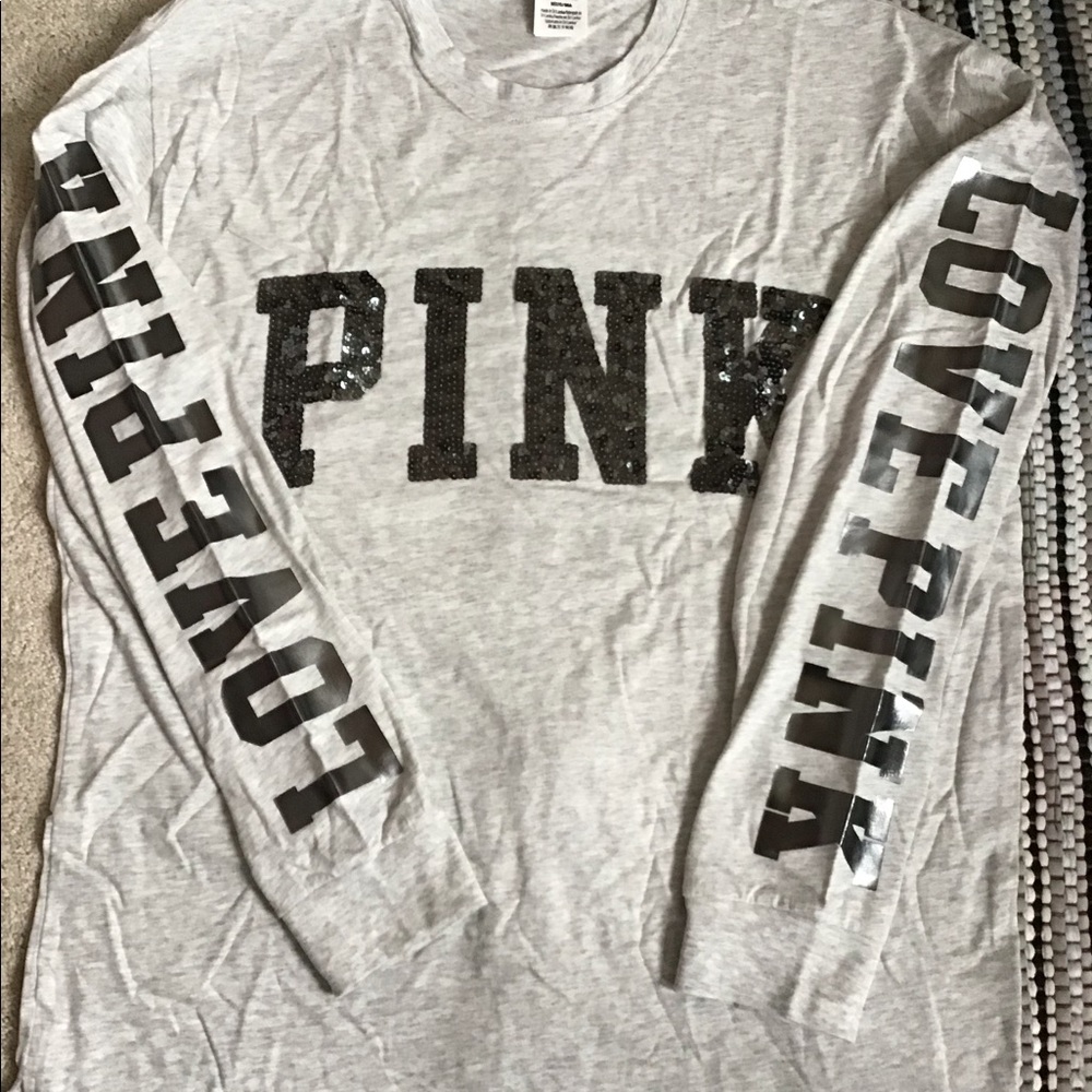 VS PINK SEQUIN BLING CAMPUS LONG SLEEVE TEE SZ M